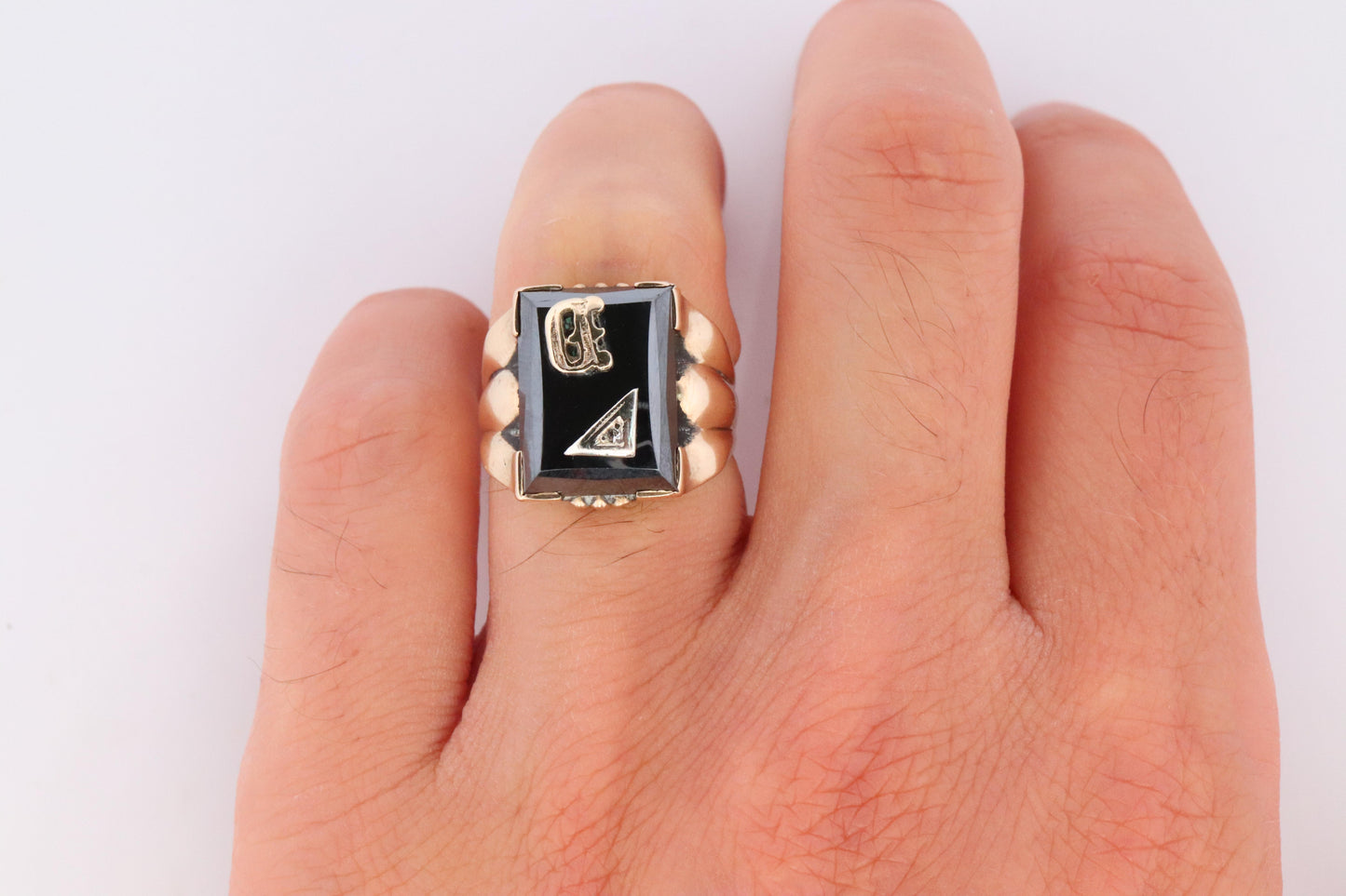 10k Custom Letter D Initial Ring. 10k Mens Hematite and Diamond signet ring.
