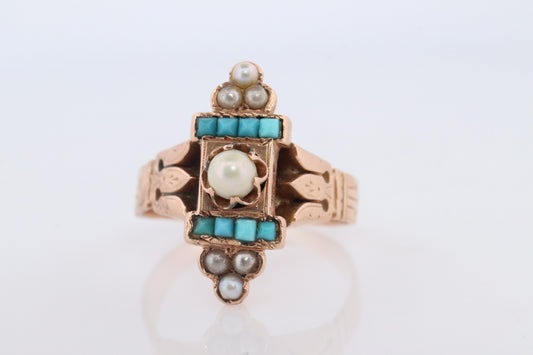 Victorian 14k Turquoise Cabochon and Pearl Seed Ring. 14k Victorian ornate Vine