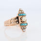 Victorian 14k Turquoise Cabochon and Pearl Seed Ring. 14k Victorian ornate Vine