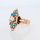 Victorian 14k Turquoise Cabochon and Pearl Seed Ring. 14k Victorian ornate Vine
