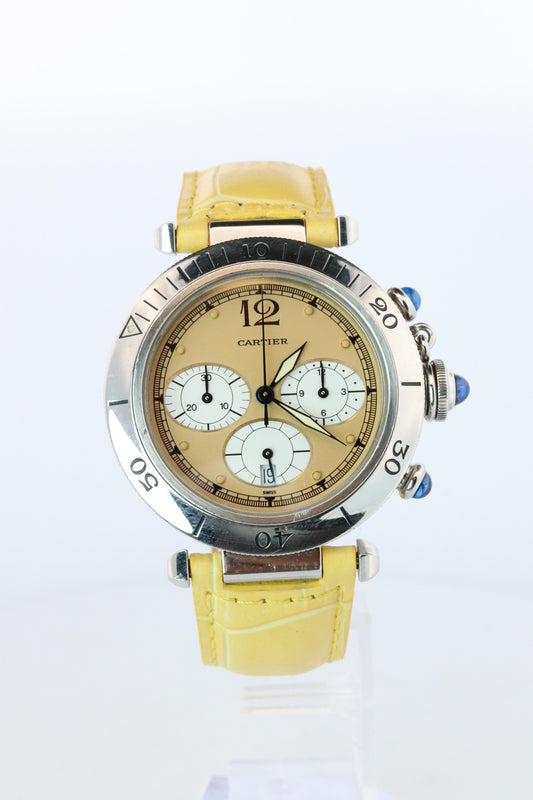 Vintage Cartier PASHA 38mm Chronograph. Rare Yellow Dial W3100355.