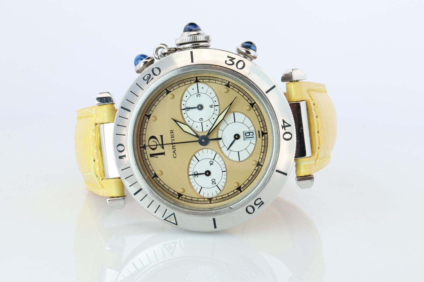 Vintage Cartier PASHA 38mm Chronograph. Rare Yellow Dial W3100355.