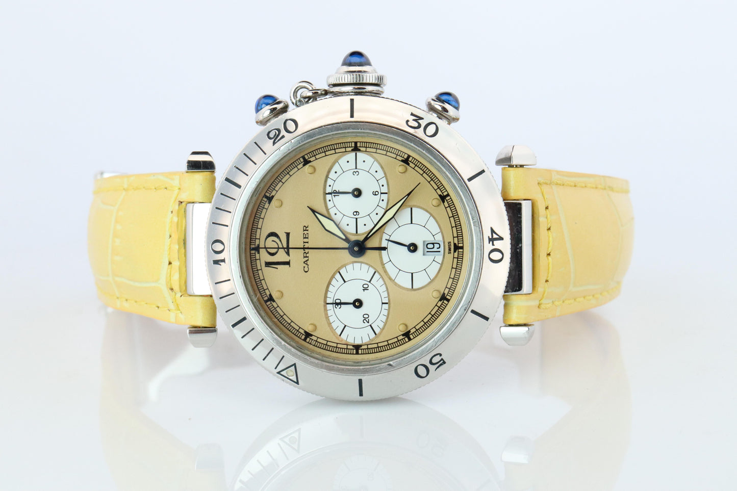 Vintage Cartier PASHA 38mm Chronograph. Rare Yellow Dial W3100355.