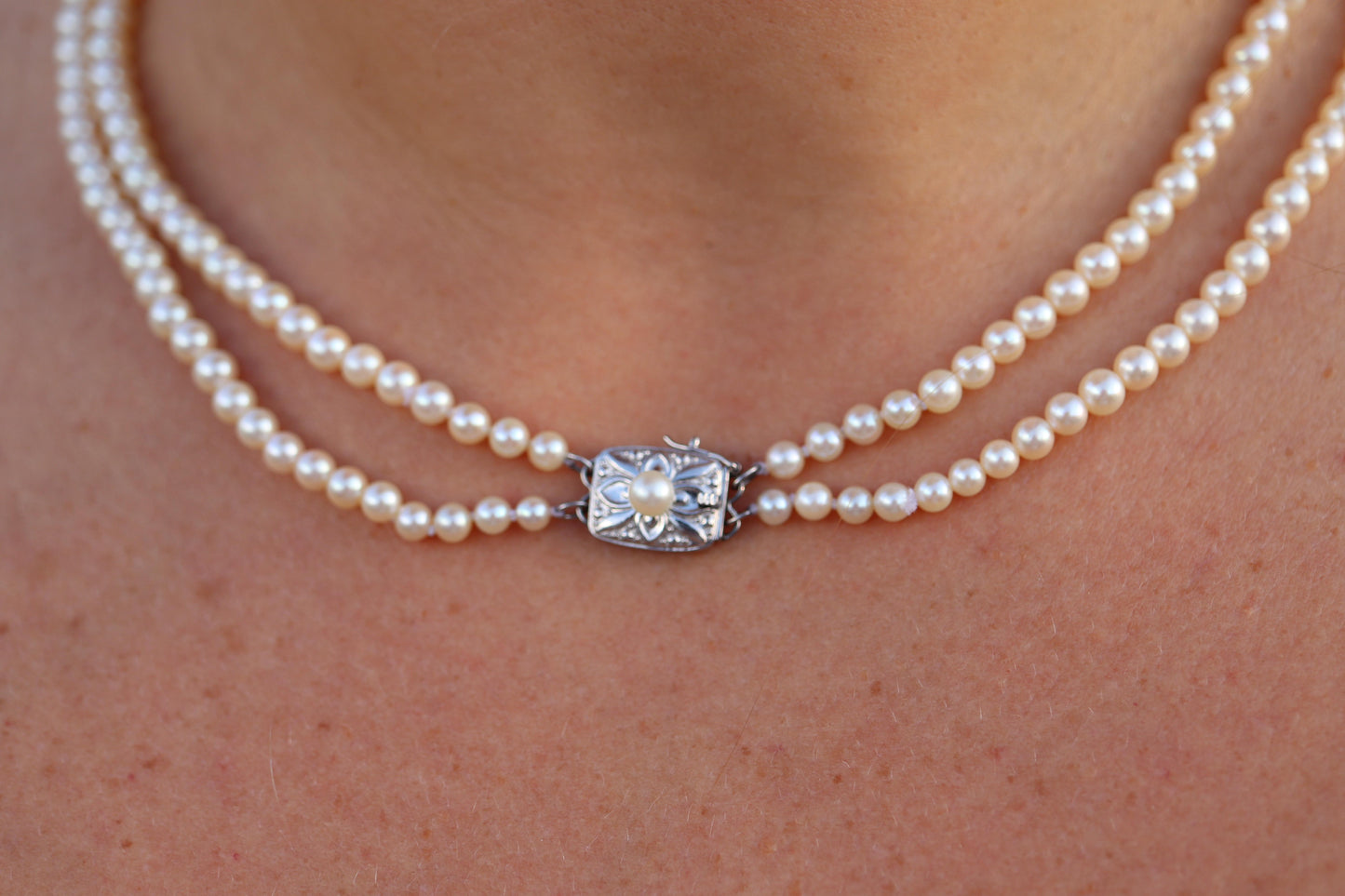 Mikimoto Necklace. Vintage 18k Gold Mikimoto Pearl Double Strand Necklace.