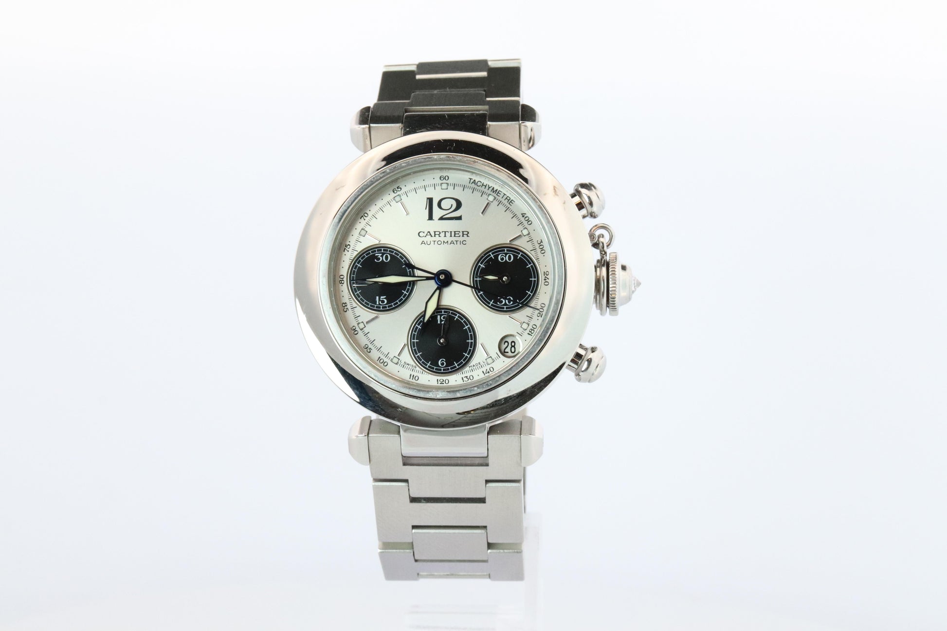 Vintage Cartier PASHA Automatic Chrono 2412. Rare Panda Dial and Diamond Crown