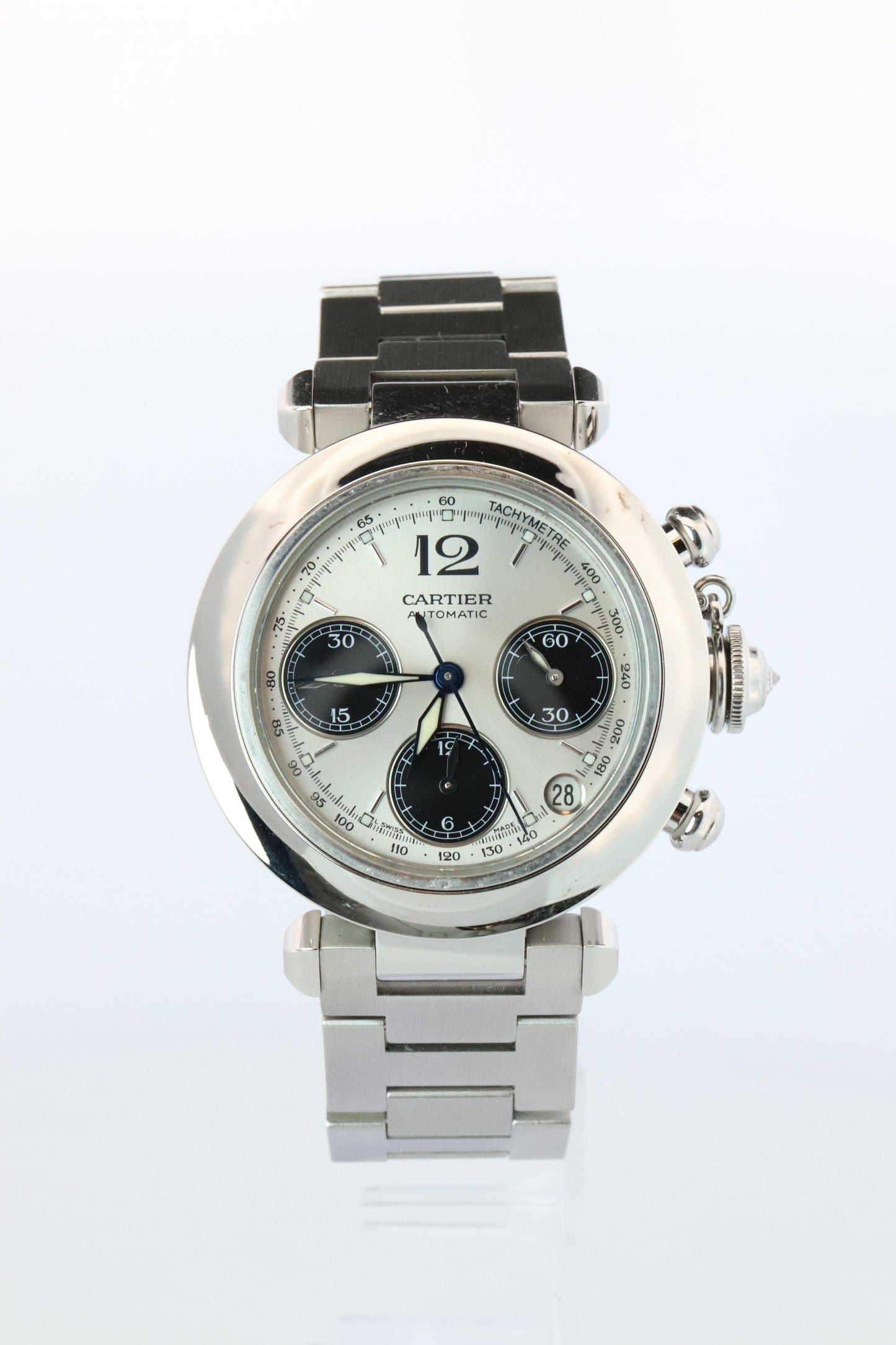 Vintage Cartier PASHA Automatic Chrono 2412. Rare Panda Dial and Diamond Crown