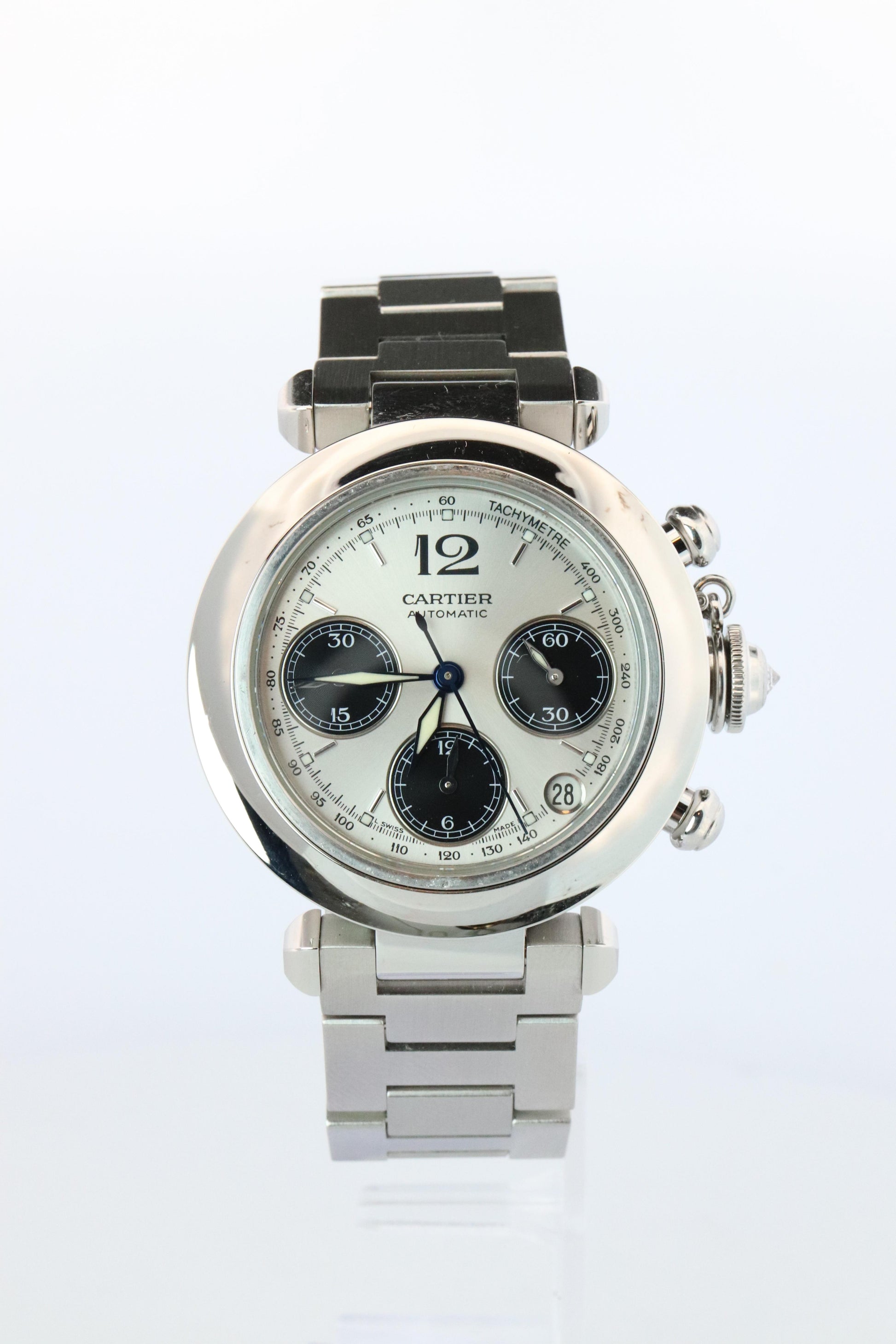 Vintage Cartier PASHA Automatic Chrono 2412. Rare Panda Dial and Diamond Crown
