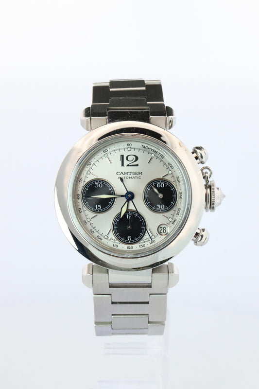 Vintage Cartier PASHA Automatic Chrono 2412. Rare Panda Dial and Diamond Crown