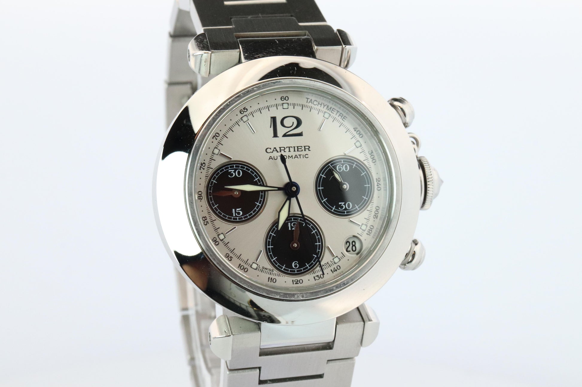 Vintage Cartier PASHA Automatic Chrono 2412. Rare Panda Dial and Diamond Crown
