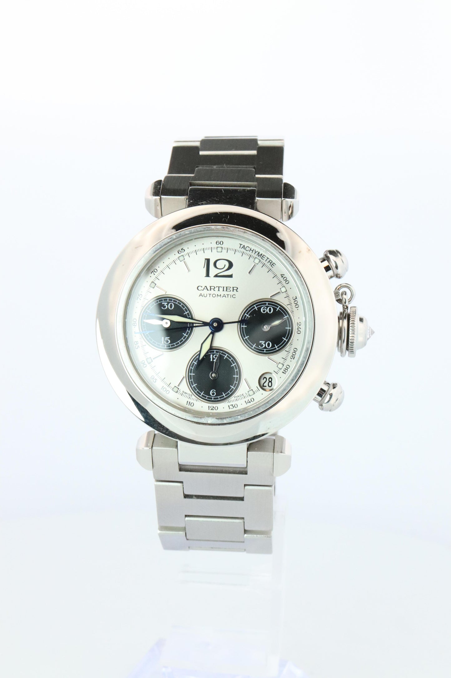Vintage Cartier PASHA Automatic Chrono 2412. Rare Panda Dial and Diamond Crown