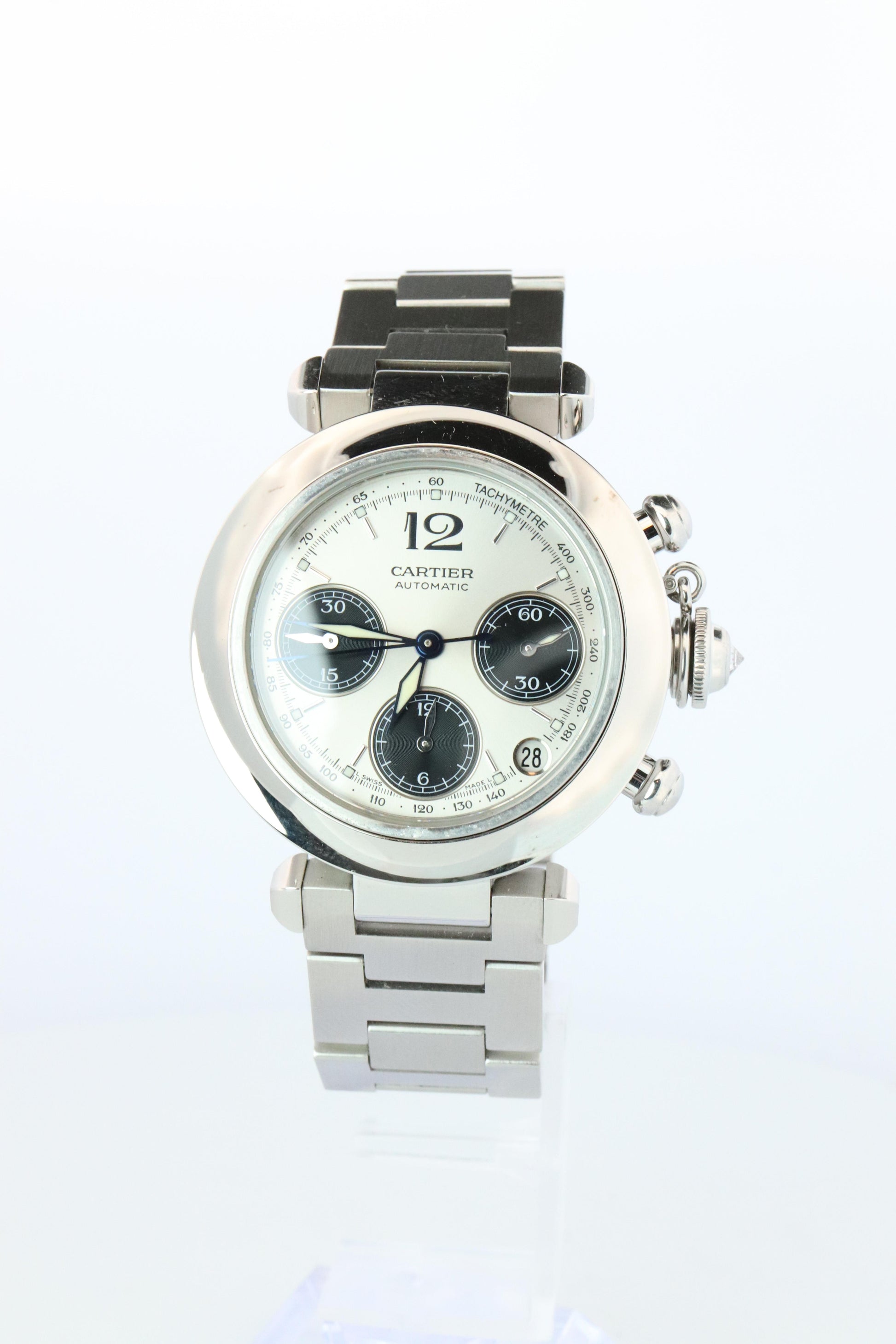 Vintage Cartier PASHA Automatic Chrono 2412. Rare Panda Dial and Diamond Crown
