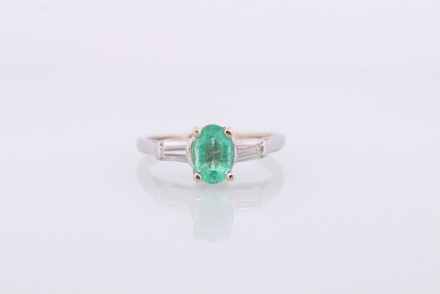 14k Oval Emerald and Baguette diamond ring. 14k white gold Green Emerald solitaire.