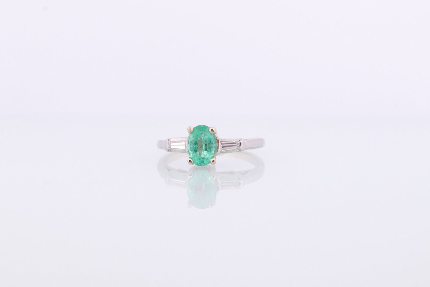 14k Oval Emerald and Baguette diamond ring. 14k white gold Green Emerald solitaire.