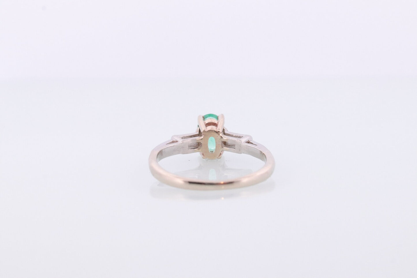 14k Oval Emerald and Baguette diamond ring. 14k white gold Green Emerald solitaire.