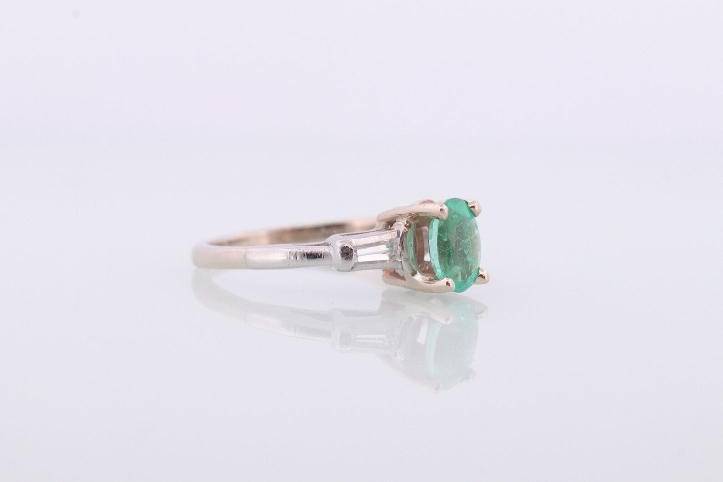 14k Oval Emerald and Baguette diamond ring. 14k white gold Green Emerald solitaire.