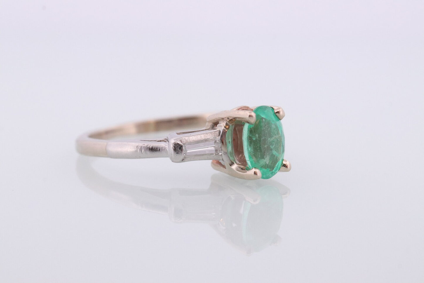 14k Oval Emerald and Baguette diamond ring. 14k white gold Green Emerald solitaire.