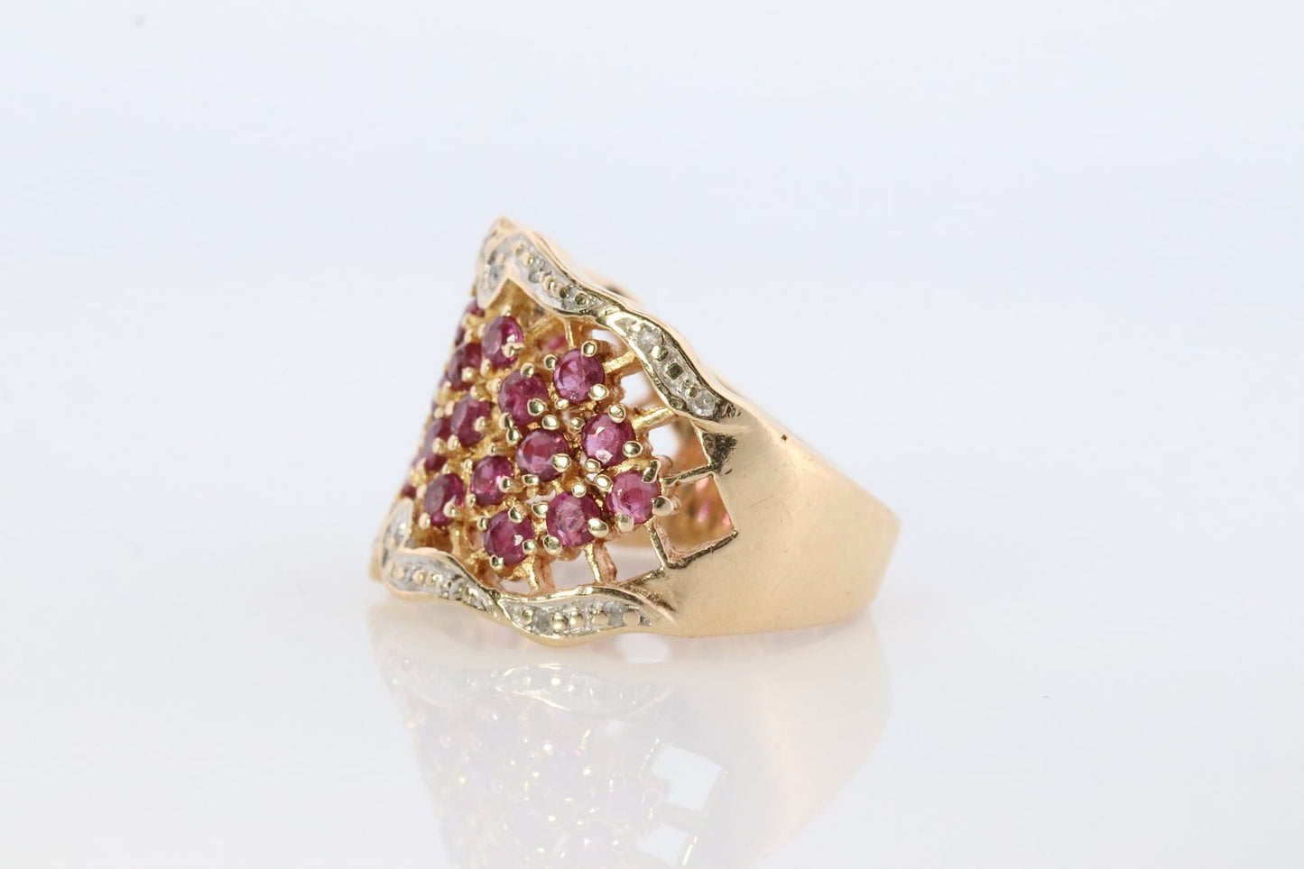 14k Ruby and Diamond Wide Pave Cluster Encrusted ring. 14k Yellow Gold and diamond ruby statement band