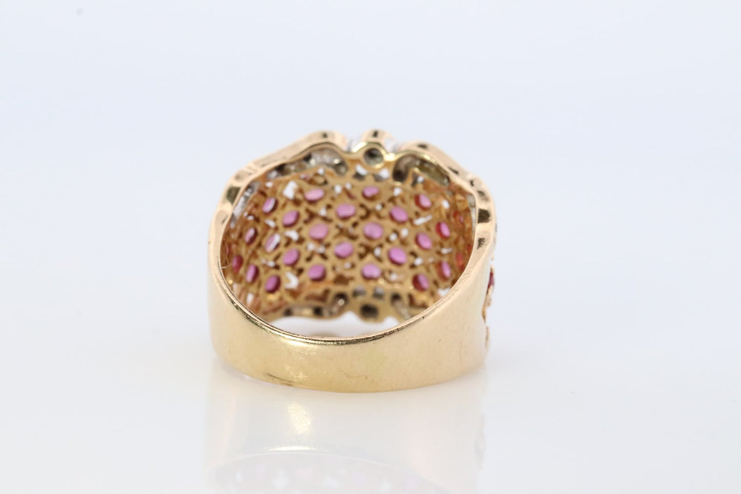 14k Ruby and Diamond Wide Pave Cluster Encrusted ring. 14k Yellow Gold and diamond ruby statement band