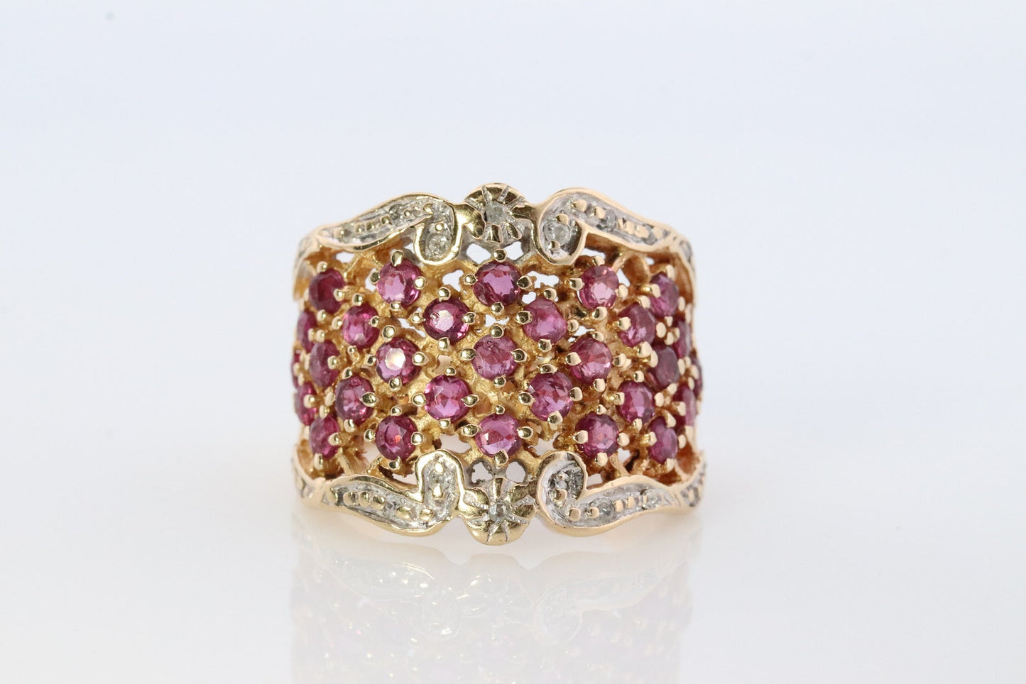 14k Ruby and Diamond Wide Pave Cluster Encrusted ring. 14k Yellow Gold and diamond ruby statement band