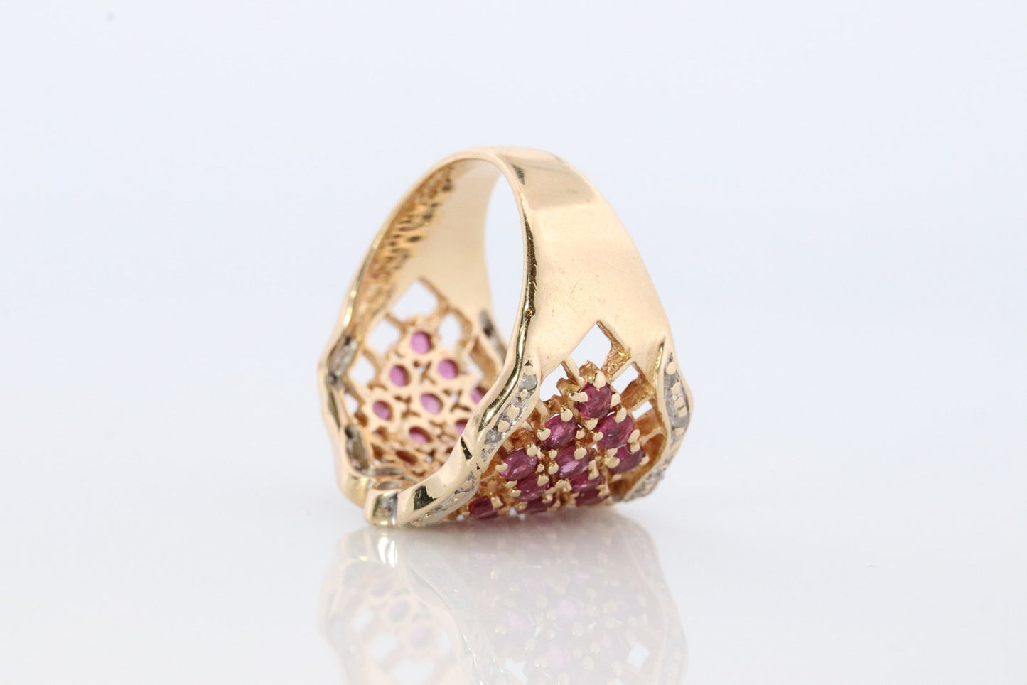 14k Ruby and Diamond Wide Pave Cluster Encrusted ring. 14k Yellow Gold and diamond ruby statement band