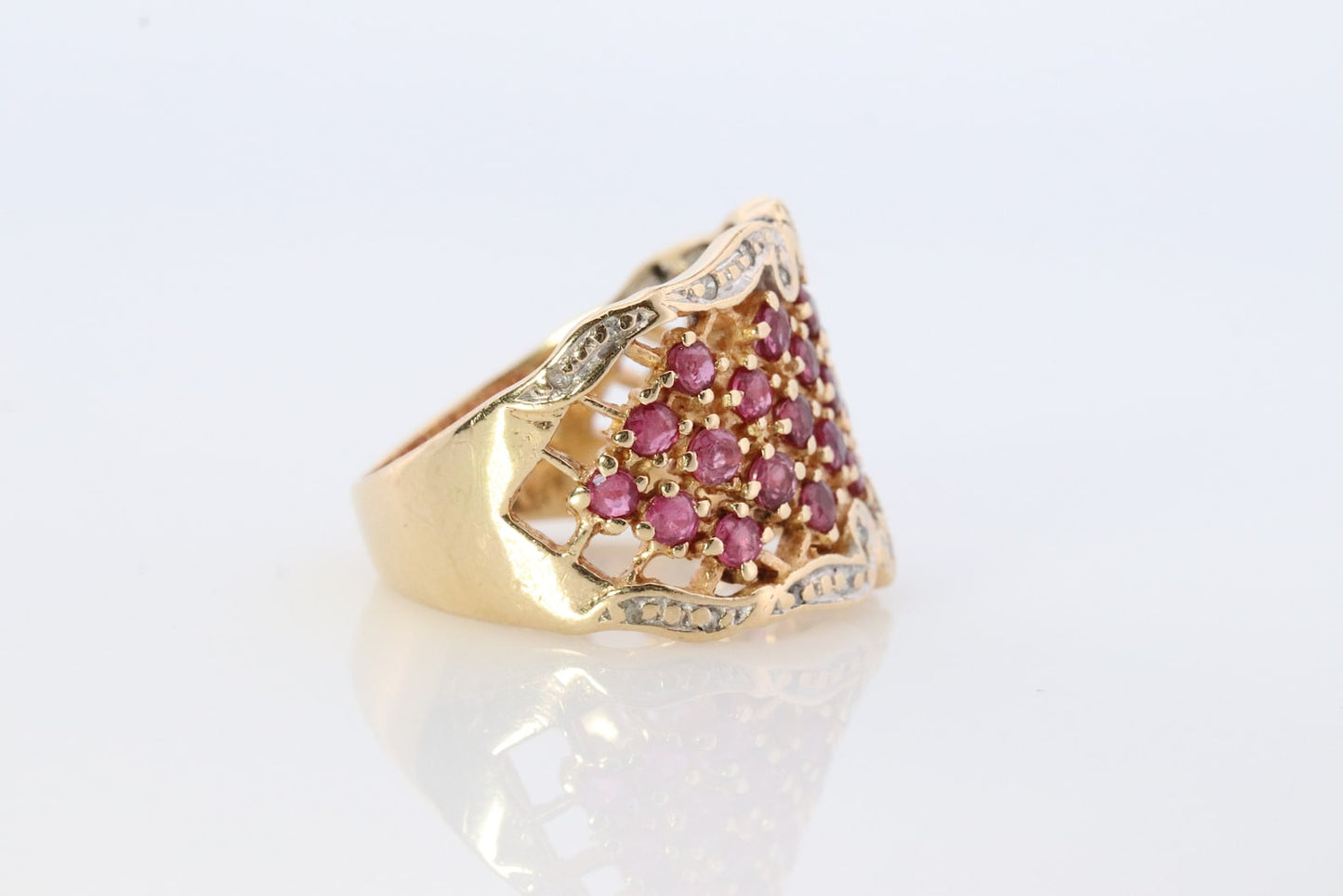 14k Ruby and Diamond Wide Pave Cluster Encrusted ring. 14k Yellow Gold and diamond ruby statement band