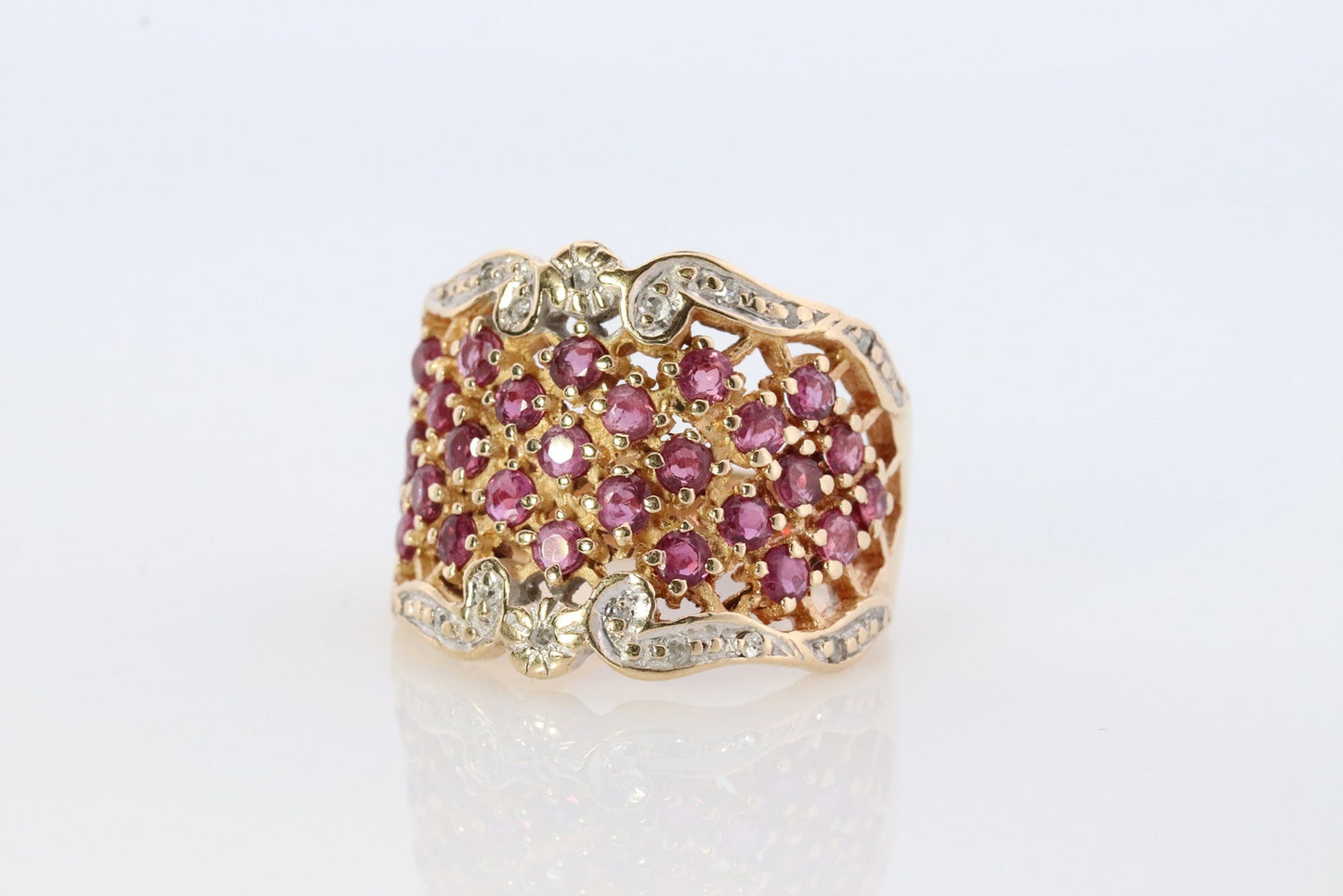 14k Ruby and Diamond Wide Pave Cluster Encrusted ring. 14k Yellow Gold and diamond ruby statement band