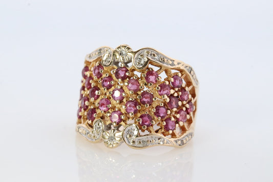 14k Ruby and Diamond Wide Pave Cluster Encrusted ring. 14k Yellow Gold and diamond ruby statement band