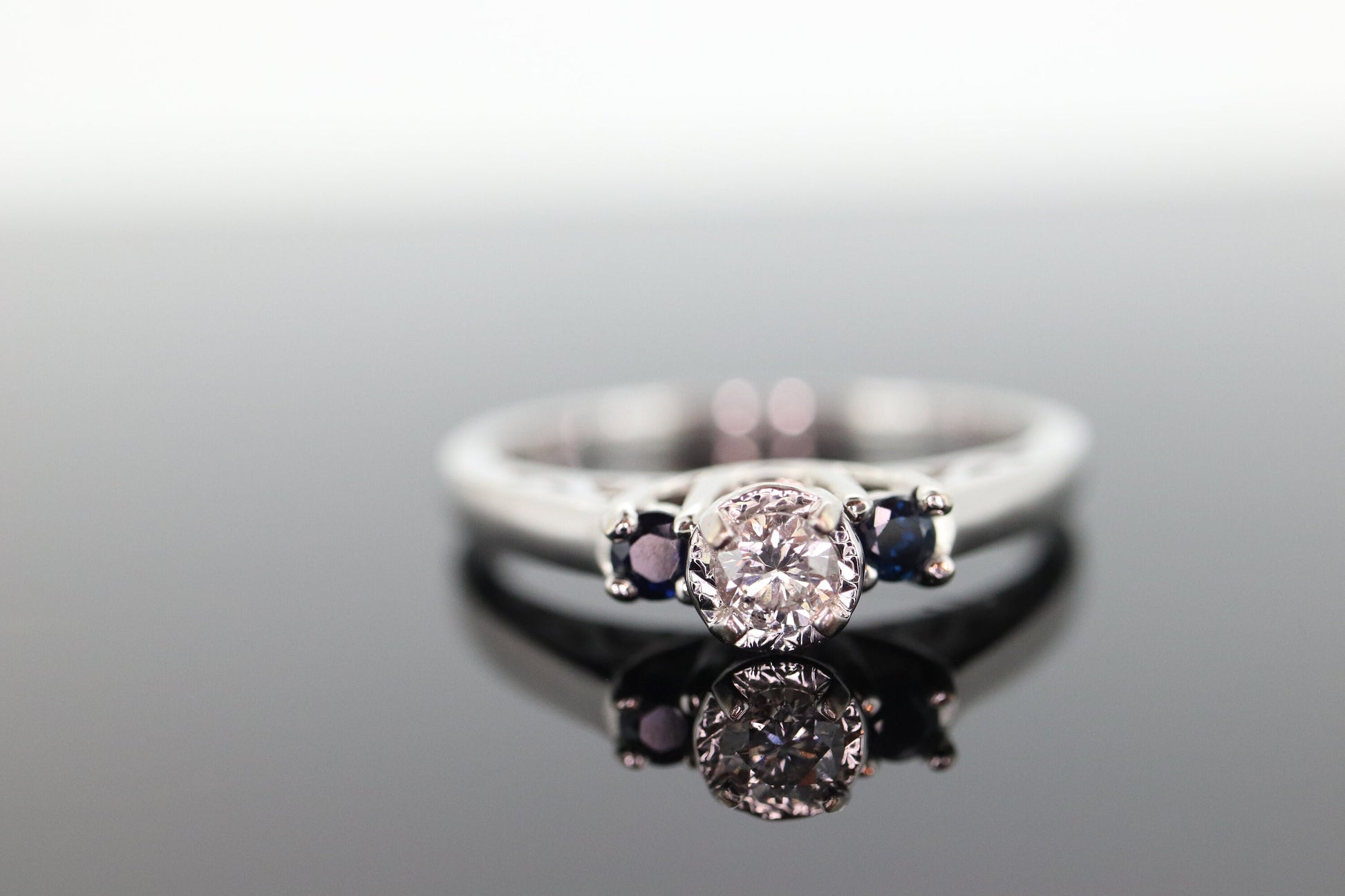 Diamond Sapphire ring. 14k White Gold Diamond Sapphire Solitaire. Trilogy Trio Triple Sapphire Diamond Engagement ring st(133)