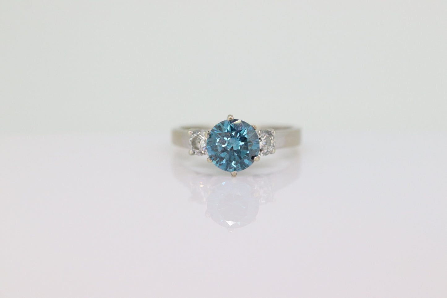 14k BLUE diamond engagement ring. 2CTW FANCY Blue diamond trilogy solitaire triple tiffany set ring. 14k 'white gold diamond ring. st(690)