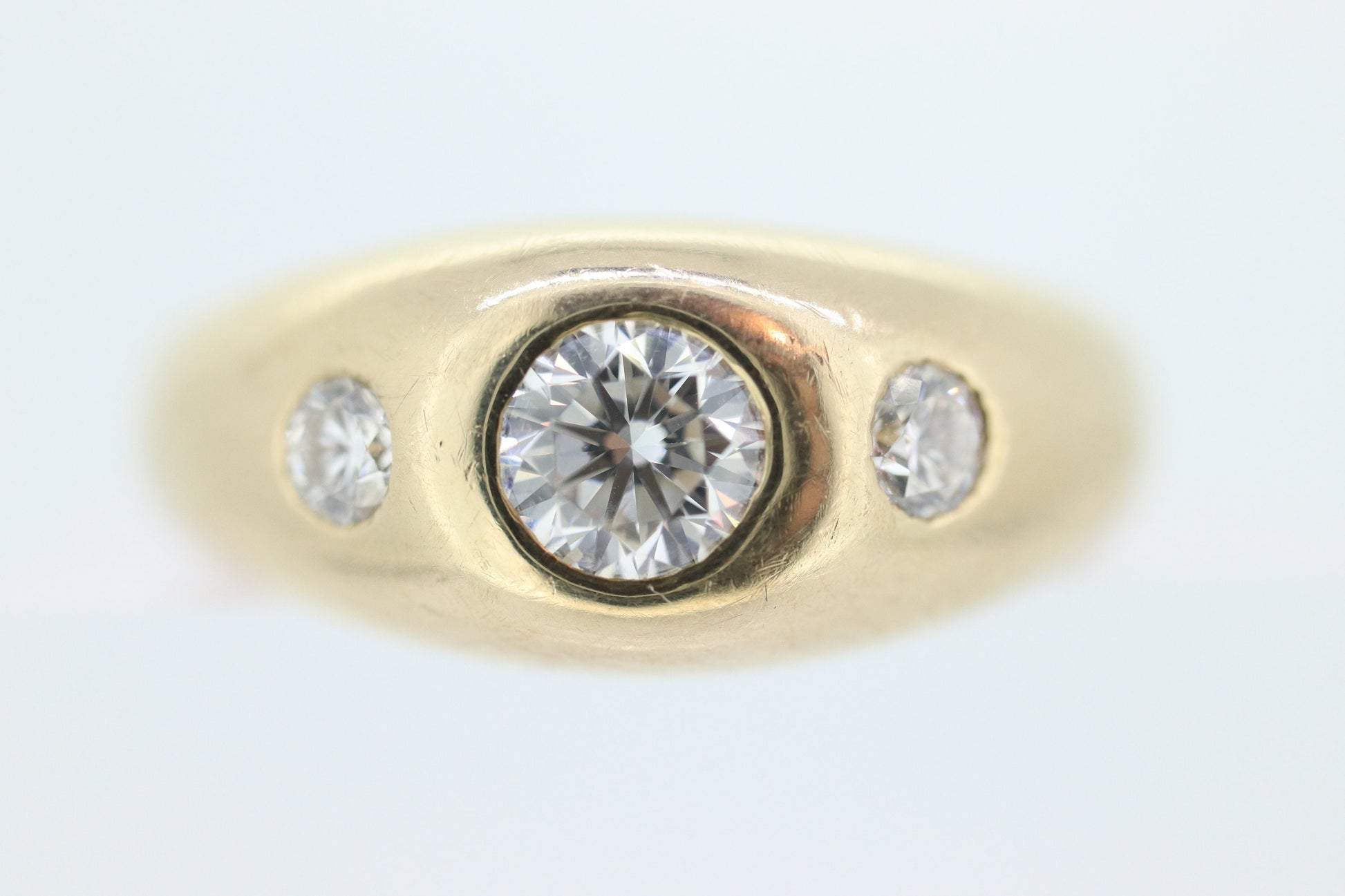 Antique 14k Triple Diamond 1ctw ring. Gypsy Diamond bezel set into Signet band. 14k Yellow Gold Anniversary Three stone band ring st(455)