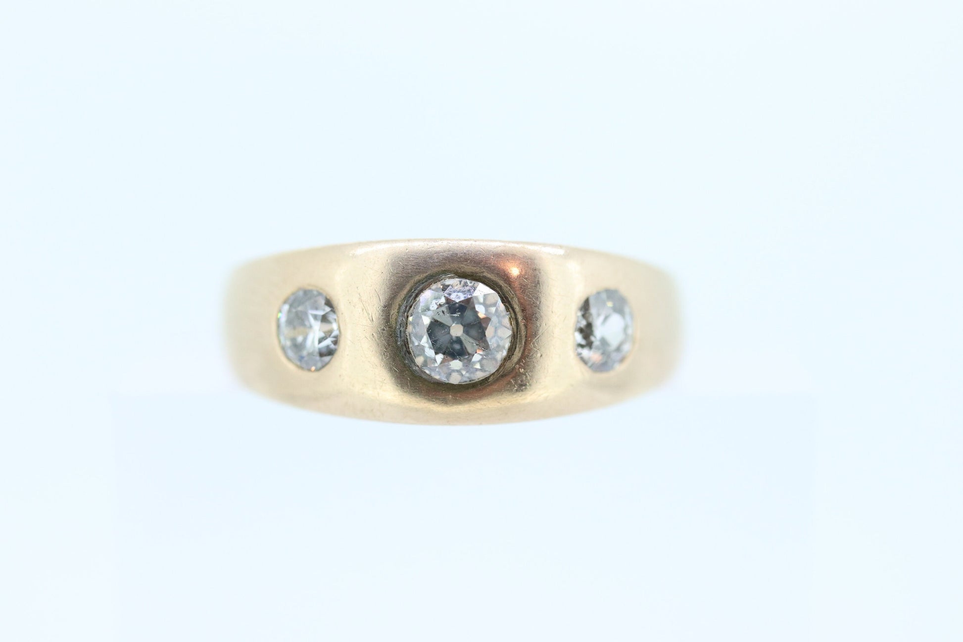 Antique 14k Triple Diamond signet ring. Gypsy Diamond bezel set into Signet band. 14k Yellow Gold Anniversary Three stone band ring st(455)