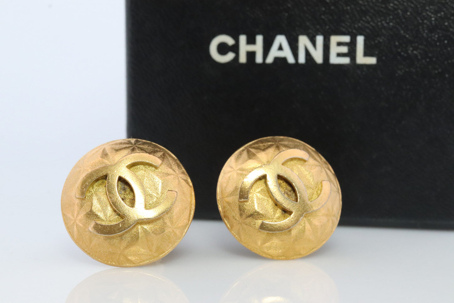 Chanel Earrings. Genuine CC CHANEL Round LOGO Clip on earrings. Disc disk Nonpierced Clips. Coco Matelasse Original Box
