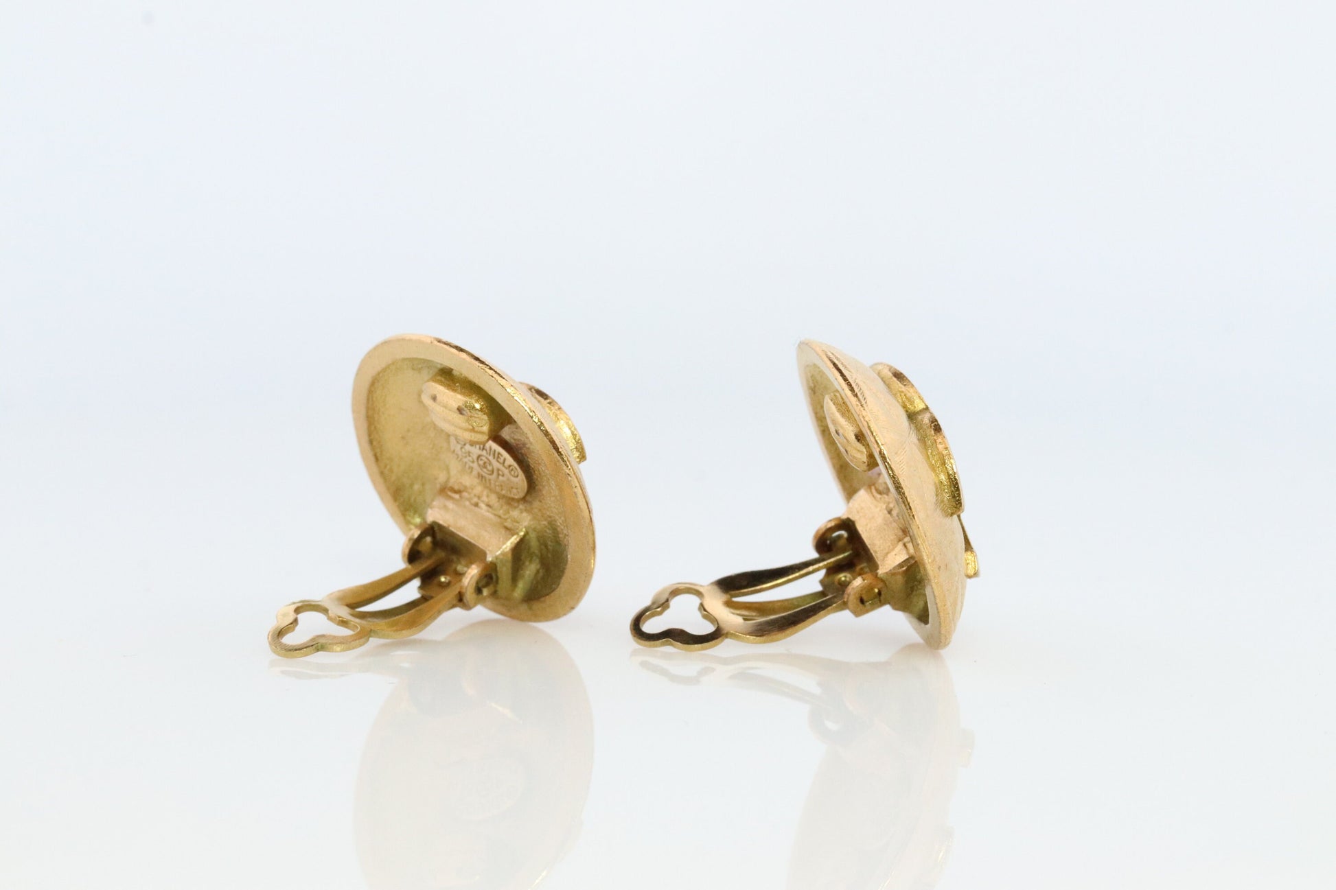 Chanel Earrings. Genuine CC CHANEL Round LOGO Clip on earrings. Disc disk Nonpierced Clips. Coco Matelasse Original Box