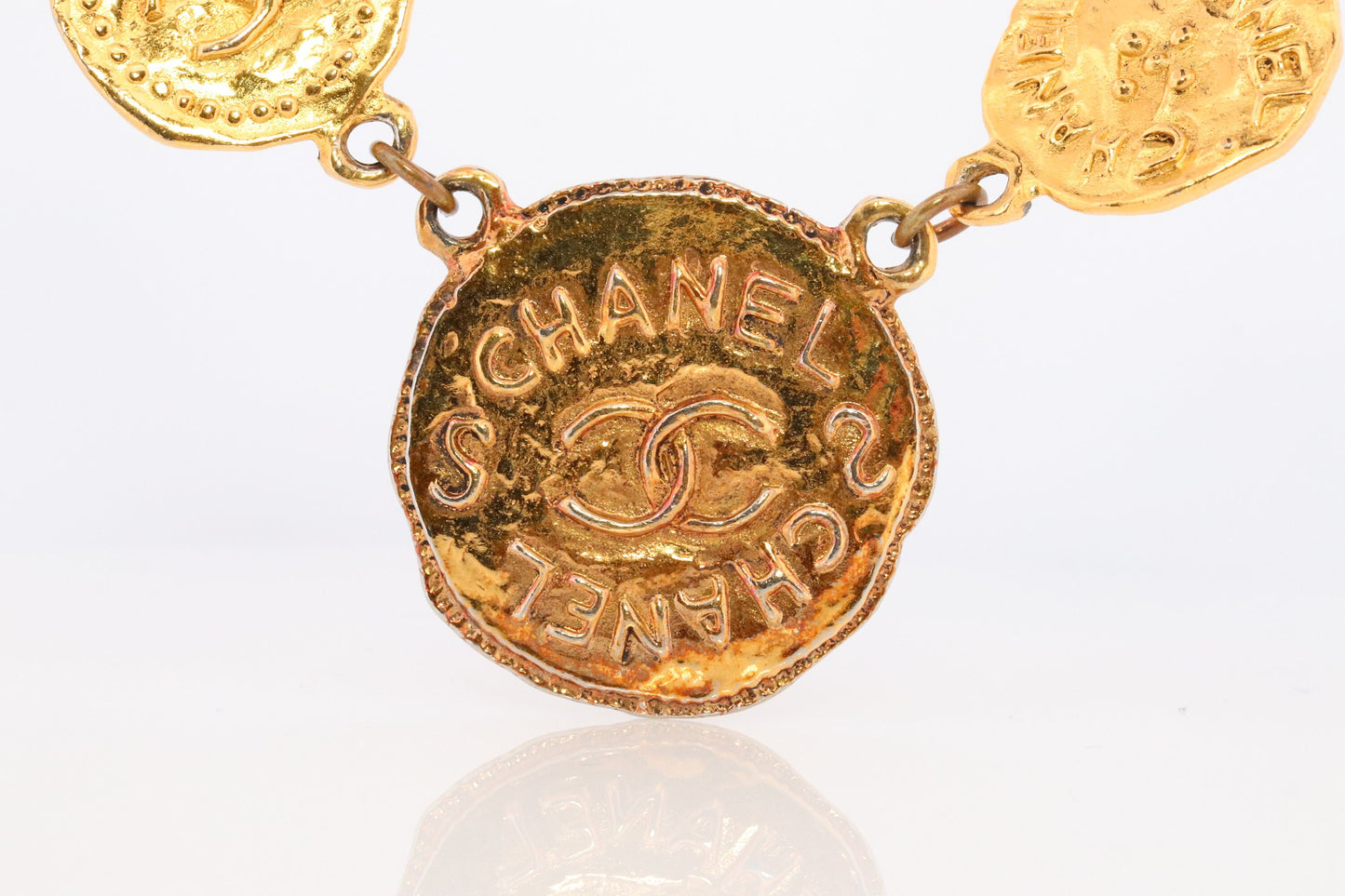 Chanel Necklace. Genuine CC CHANEL Round LOGO Coin Necklace. Disc Chain Necklace. byzantine Etruscan Hammered Coco Chanel Chain Necklace