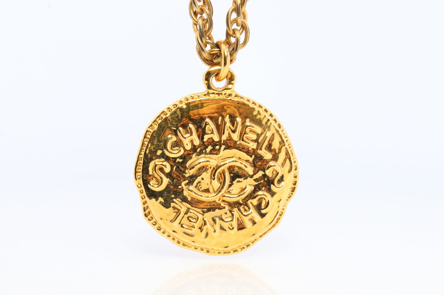 Chanel Necklace. Genuine CC CHANEL Round LOGO Coin Necklace. Disc Medallion Necklace. byzantine Etruscan Hammered Coco Chanel Necklace