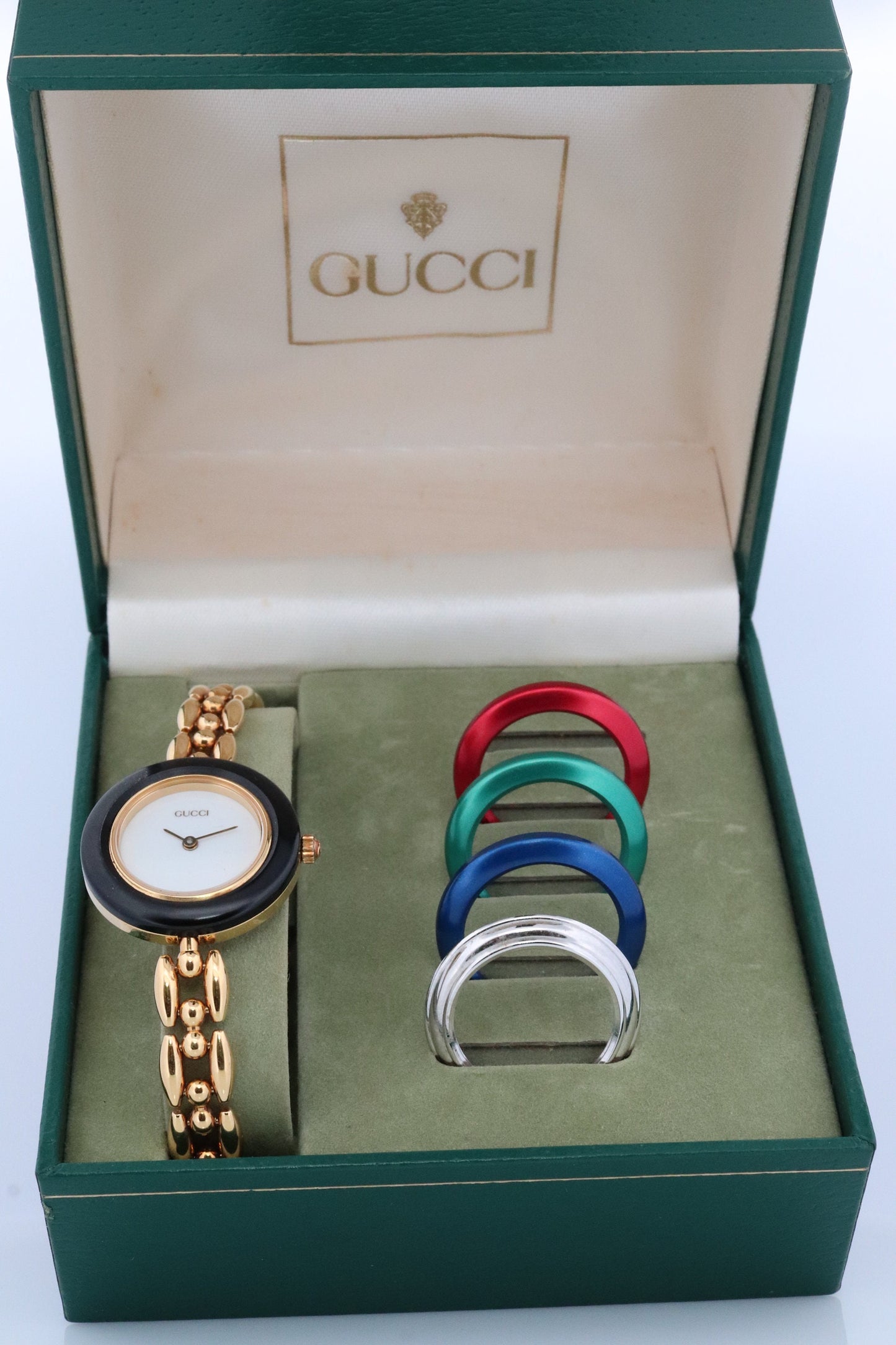Genuine GUCCI 11/12 Watch. Vintage Ladies Gucci Change Bezel Watch. With Box and Bezels.