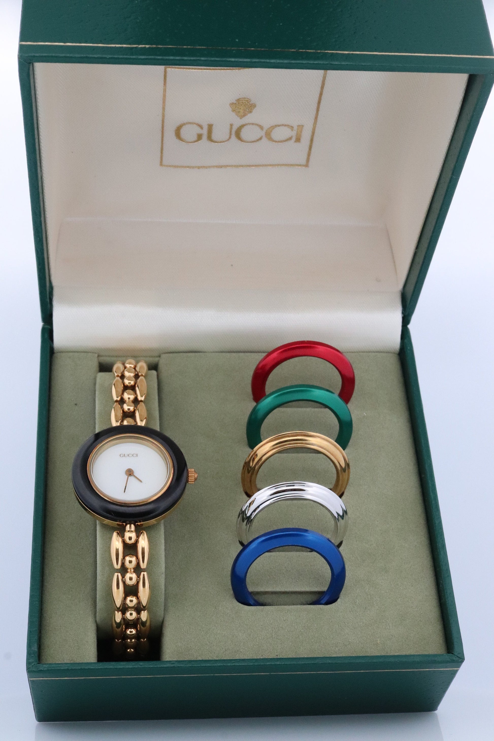 Genuine GUCCI 11/12.2 Watch. Vintage Ladies Gucci Change Bezel Watch. With Box and Bezels.