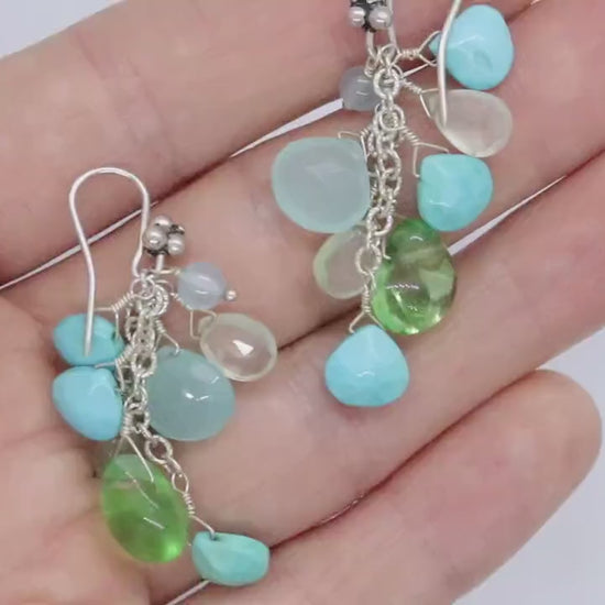 Laura Gibson Dangle Earrings. Sterling Silver with faceted Prehnite, Flourite, Turquoise, and Opal Chalcedony (275)