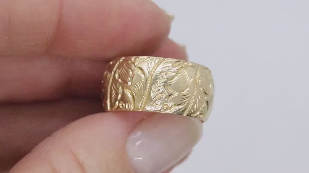 14k Heavy, Wide, Engraved, Ornate Band. 14k Flower Engraved Band. Sz7.5 9.2grams 10mm wide