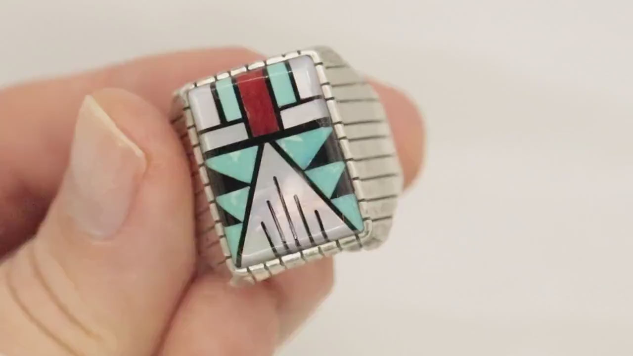Heavy Zuni Sterling Silver Signet ring. MOP Turquoise Carnelian Inlay Design. Sz 13