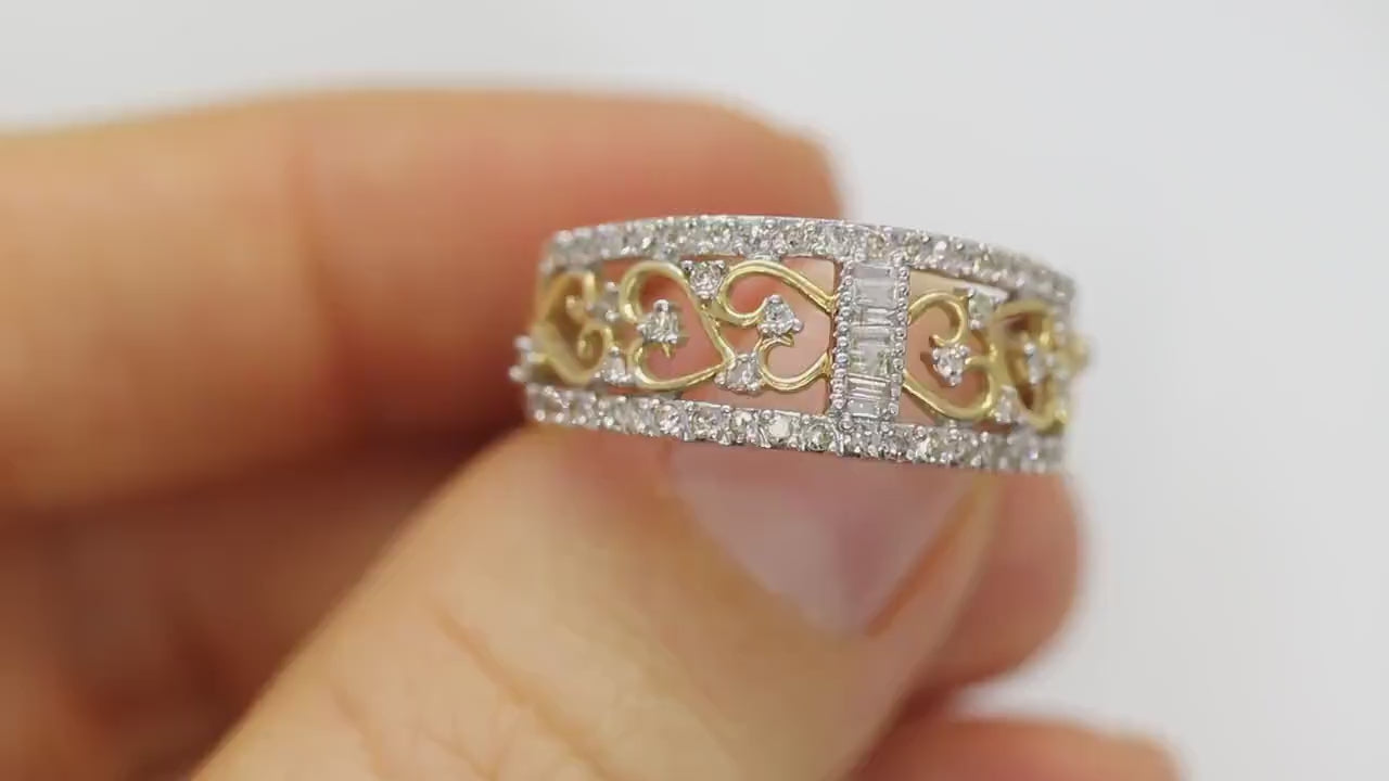 14k Diamond Dome band. Diamond Filigree Intricate Detail Open scroll ring. Baguette and Round diamonds. st(126/50)