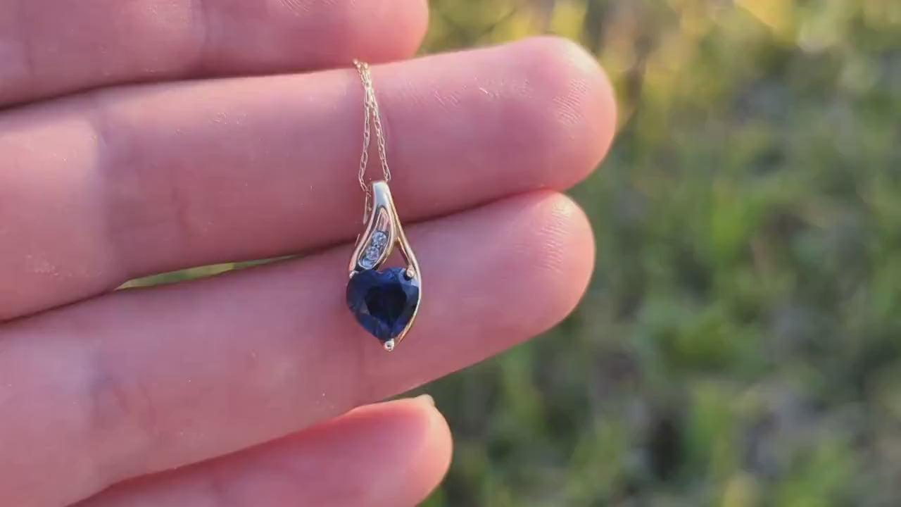 Blue Sapphire and diamond drop pendant. 10k precious heart sapphire pendant necklace. st(86)