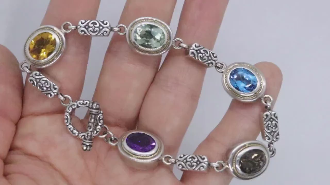 EFFY BH Bracelet. 18k Sterling Silver MULTI-Gemstone Byzantine Bracelet. (466)