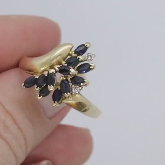 14k Sapphire Diamond Bypass ring. 14k Marquise Sapphire Flower Branch Vine cluster ring