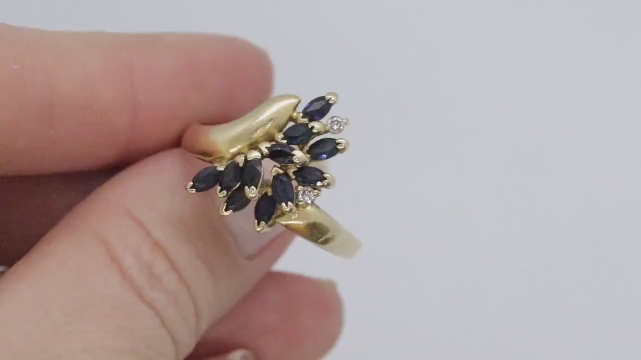 14k Sapphire Diamond Bypass ring. 14k Marquise Sapphire Flower Branch Vine cluster ring