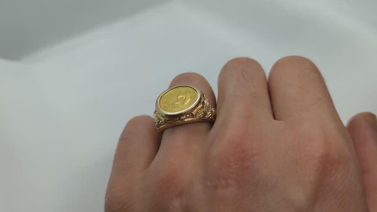 14k Gold BAMBOO ring with a 1985 Panda 1/20 999 Fine 24k Gold Coin Bamboo bezel set. st(414/11)