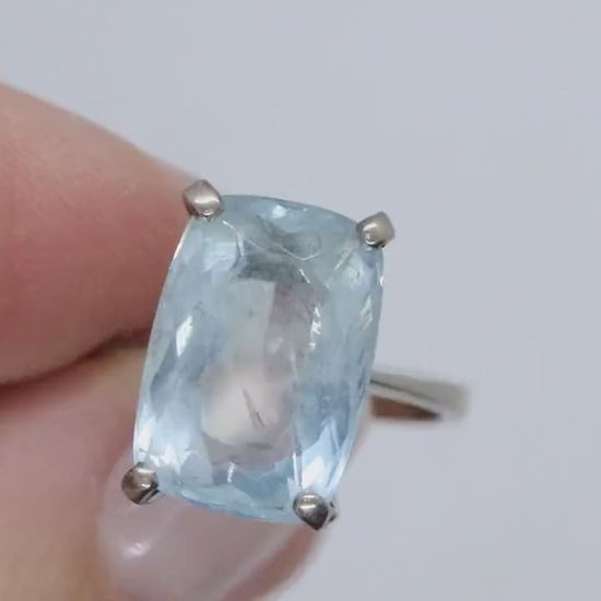 18k Aquamarine Solitaire ring. Huge Light Aquamarine 8.5ct Emerald cut gem. Engagement ring