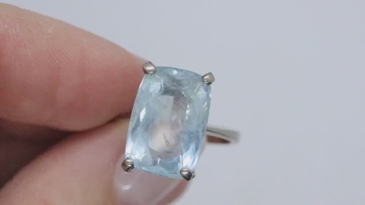 18k Aquamarine Solitaire ring. Huge Light Aquamarine 8.5ct Emerald cut gem. Engagement ring