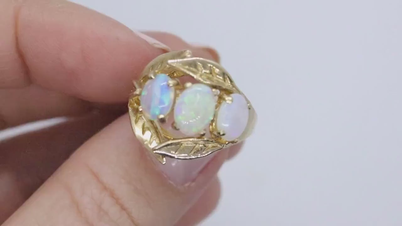 14k Opal Trio ring. Triple OPAL Crystal and Filigree leaves statement ring.