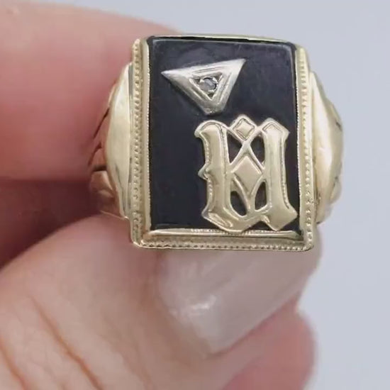 10k ONYX M  N or W ring. 10k Letter M or N or W statement ring. Calligraphy M or N initial Men or Women ring